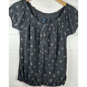 American‎ Eagle Y2K Milkmaid Top Med Gray Floral Elastic Waist Cap Sleeve Loose